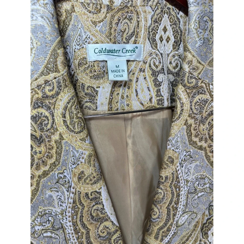 Coldwater Creek Blazer Jacquard Paisley Size Medium Gold Silver Metallic Button